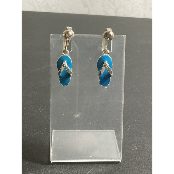 Silver & Blue Flip Flop Clip-On Earrings - Picture 1 of 4